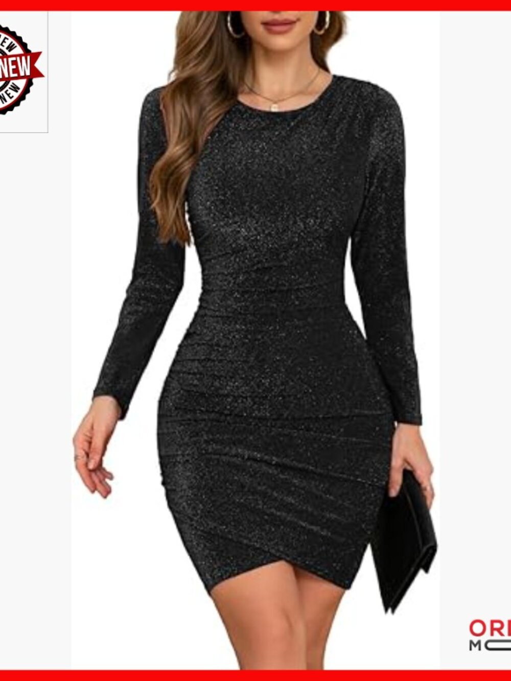 Glitter Party Dress Long Sleeve Faux Wrap Ruched Bodycon Mini